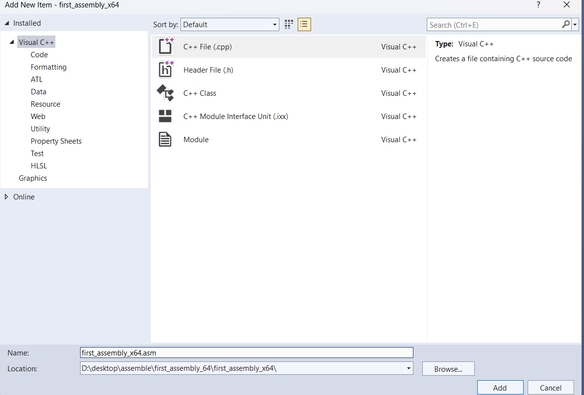 给源文件新建一个后缀名位.asm文件步骤二